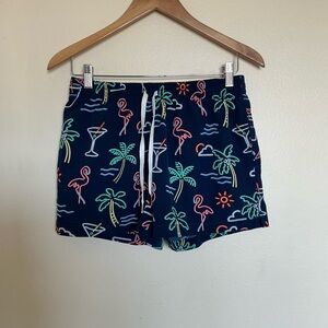 Chubbies Navy Tropical Print Swim Trunks 4 inch palm tree flamingo beach